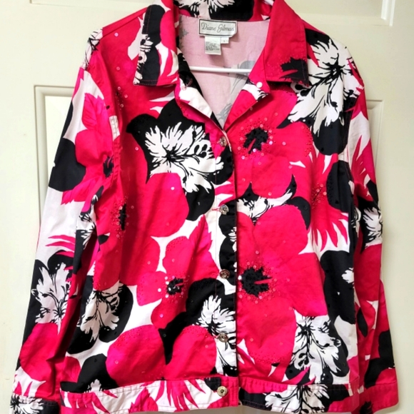 Diane Gilman Jackets & Blazers - Diane Gilman Colorful Floral Jacket Pink Black White Sequins & Beads Sz L Large